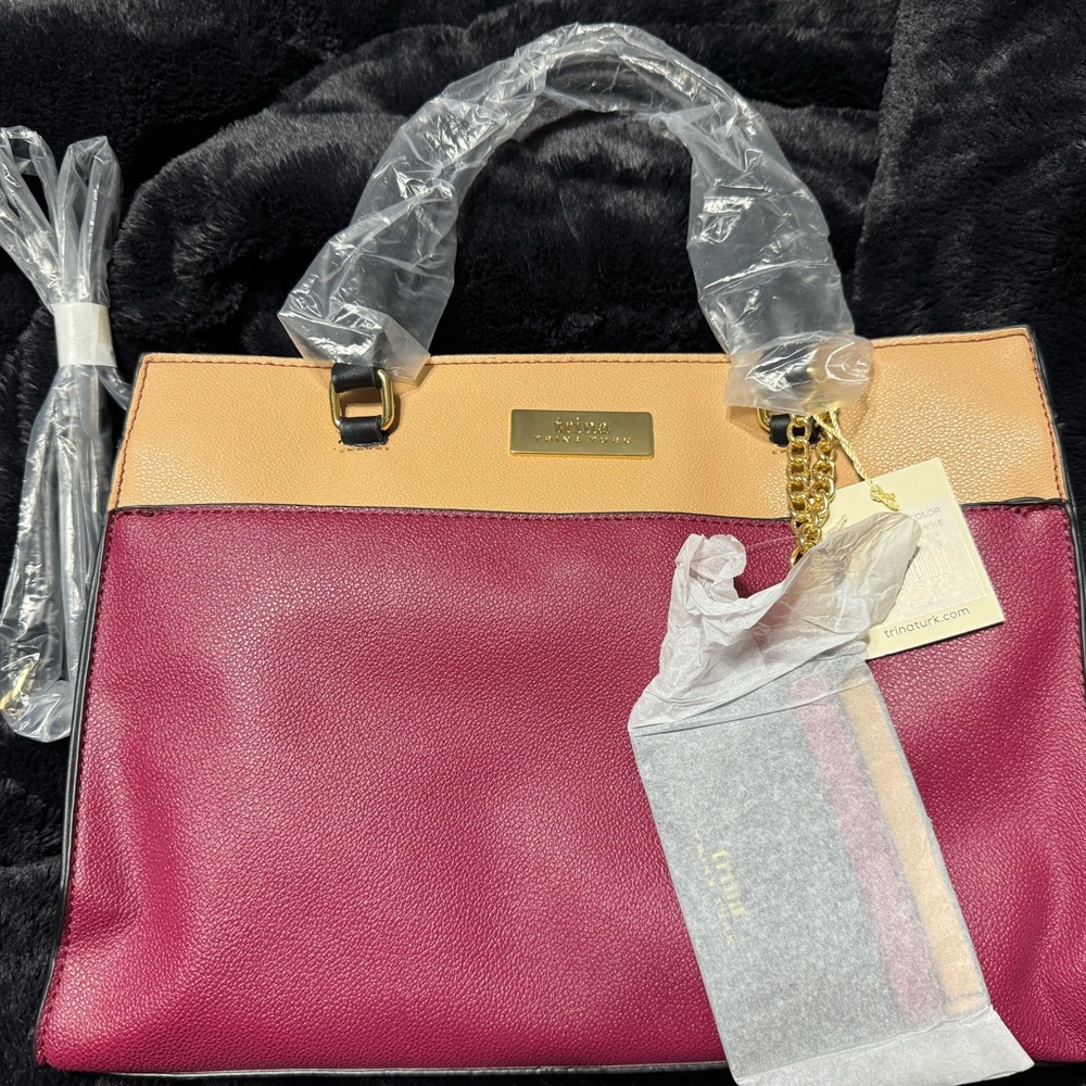 Trina Turk Wine and Tan Satchel Bag with Modern Design